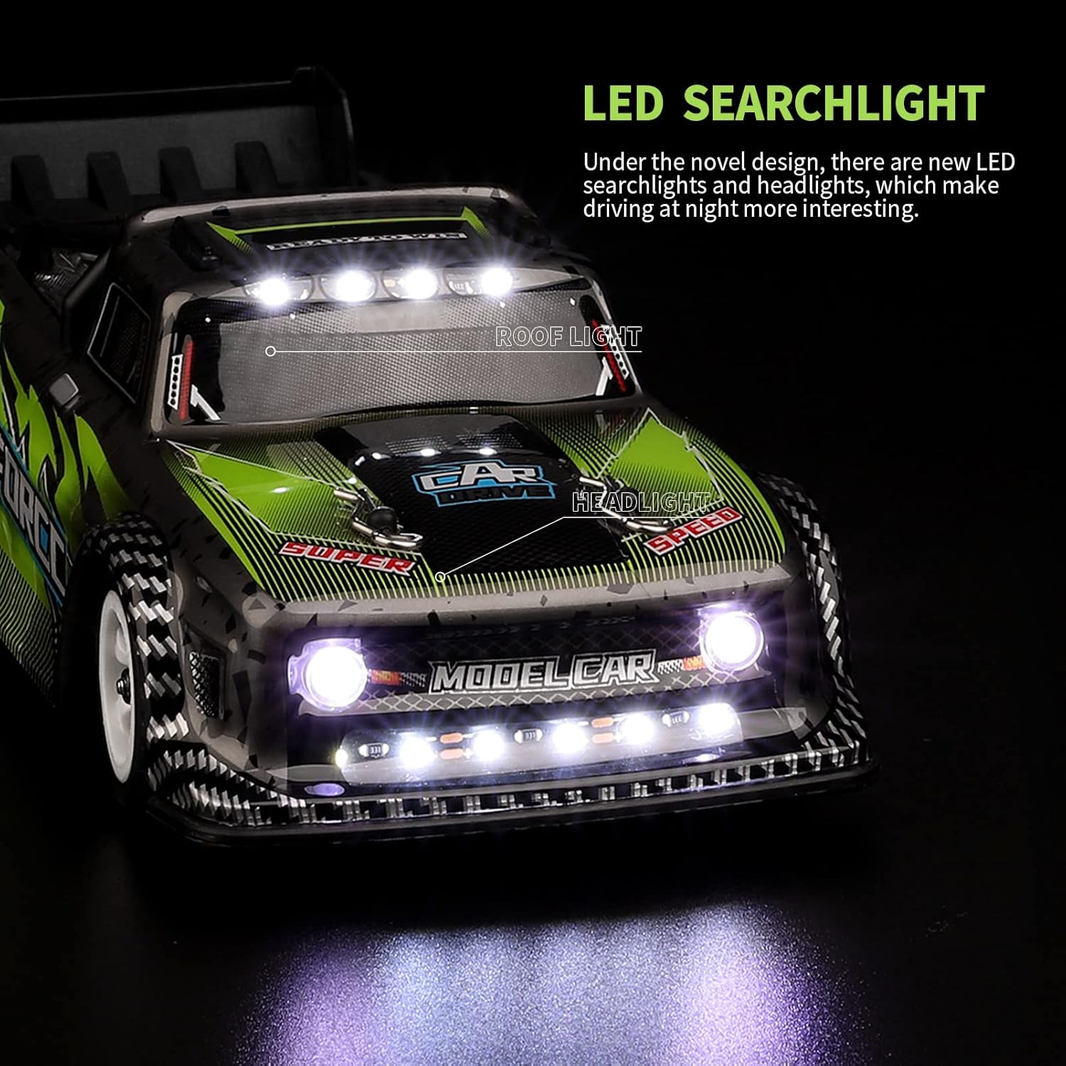 Close-up of the RC car's front with illuminated LED searchlights and headlights