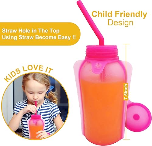 Miniatura 6 de KindGa Botella de jugo plegable con tapa para jugo y agua irrompible de 16 onzas, bolsas de bebida plegables reutilizables con pajitas, botella de