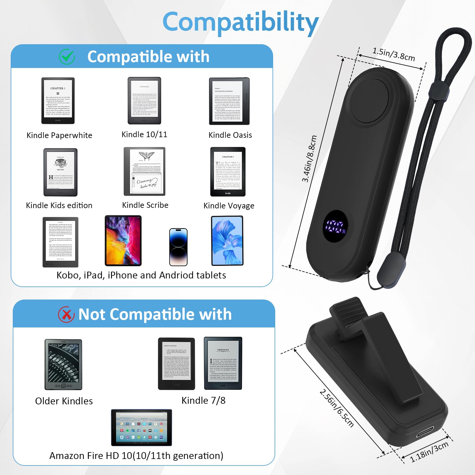 TiMOVO Télécommande Tourne-Pages pour Kindle Paperwhite Oasis Kobo eReaders,Clicker Tourne-Pages avec Dragonne et Écran d'alimentation pour iPhone iPad Android Tablet, Camera Video Remote Trigger-Noir