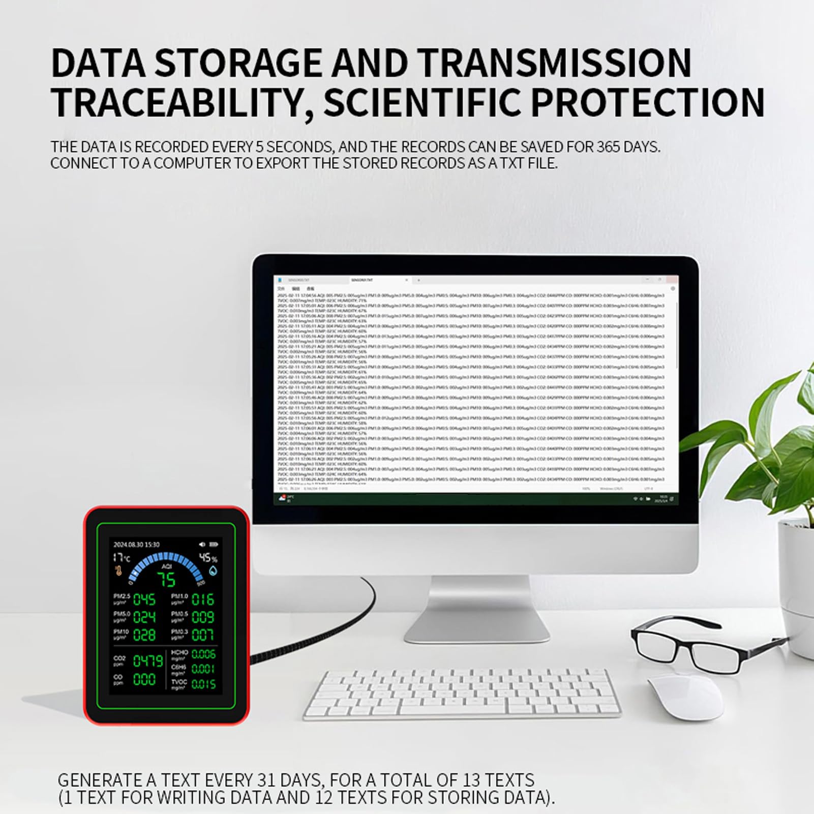 Rilevatore Qualità Aria 18 in 1 per CO2 TVOC HCHO PM2.5 PM10 Temperatura Umidità Display LCD Batteria Casa