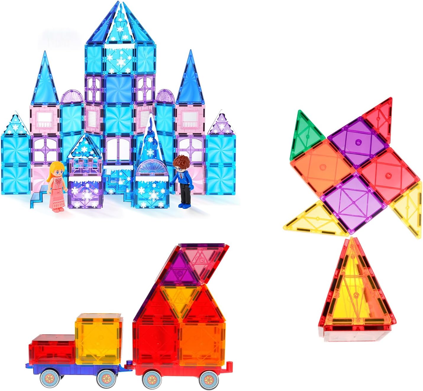 132PCS Magnetic Tiles with 2 Cars Deluxe Set + Frozen Castle Magnetic Tiles Set with Magnetic Doodle Kit