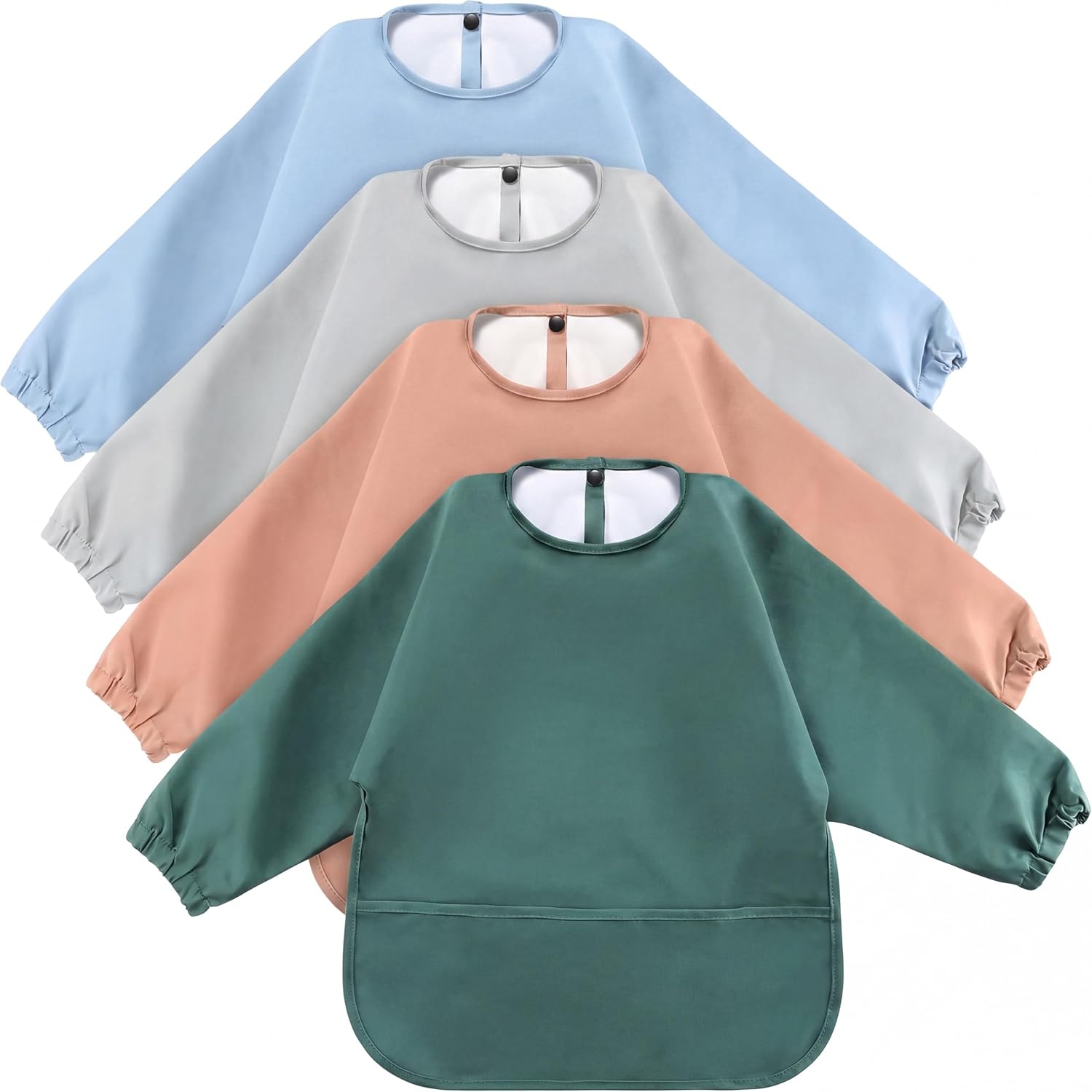 JaGely 4 Pack Long Sleeve Baby Bibs Waterproof Smock Bid with Elastic Cuffs Large Pocket for Baby Eating Feeding 6-36 Months