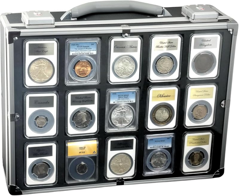 Caja expositora Elite de aluminio negro para 115 portamonedas certificados o de estilo certificado NGC, PCGS, ANACS, Elite, Lighthouse, BCW