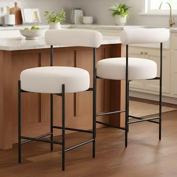 ROCITY Beige Modern Bar Stools Set of 2 Linen Upholstered Counter Stools with Barrel Back 26 Inch Fabric Kitchen Island Chairs with Metal Legs, Cream