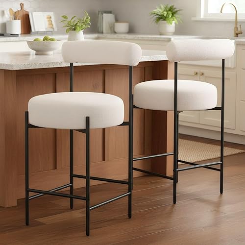 Beige Modern Bar Stools Set of 2 Linen Upholstered Counter Stools with Barrel Back 26 Inch Fabric Kitchen Island Chairs with Metal Legs, Cream