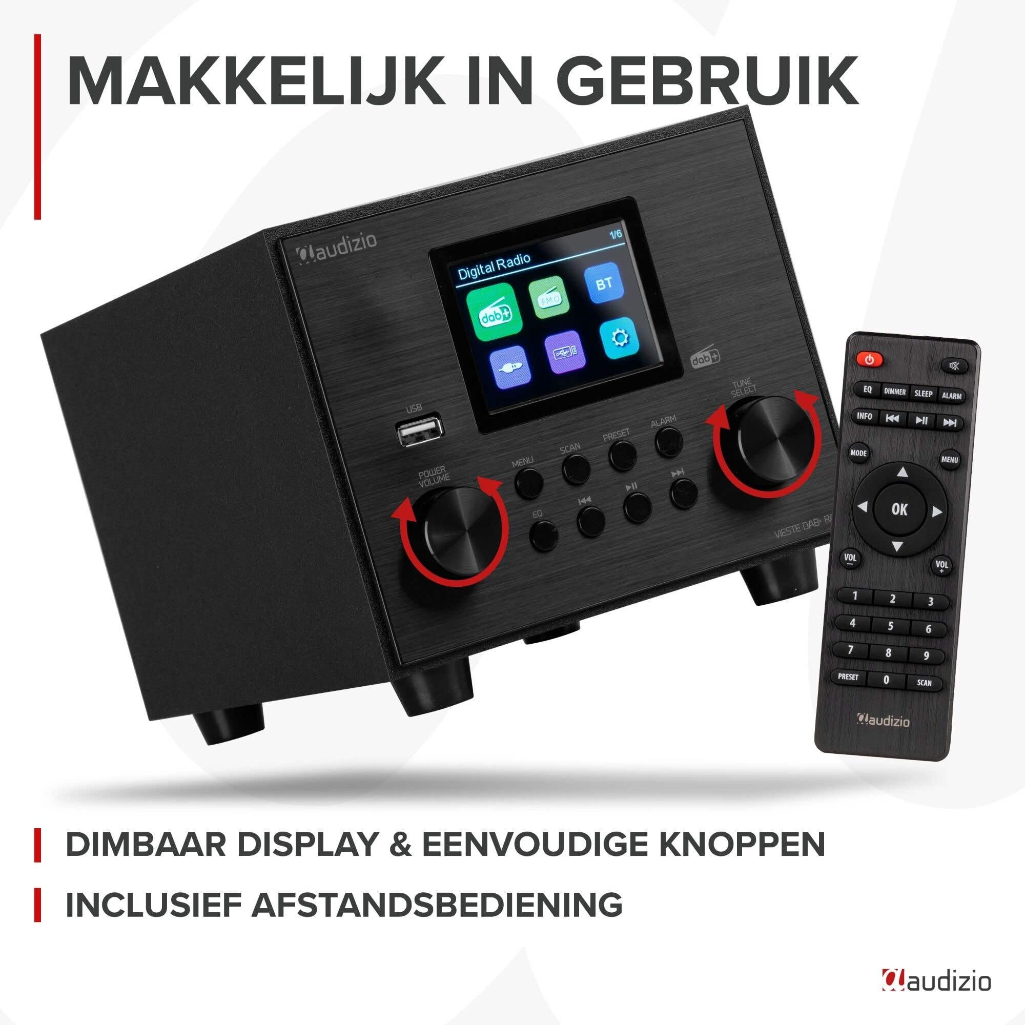 Audizio Vieste - Radio DAB+ con Bluetooth, subwoofer 60 W, FM, USB MP3, ingresso AUX, doppia sveglia, telecomando, design moderno e compatto, colore nero