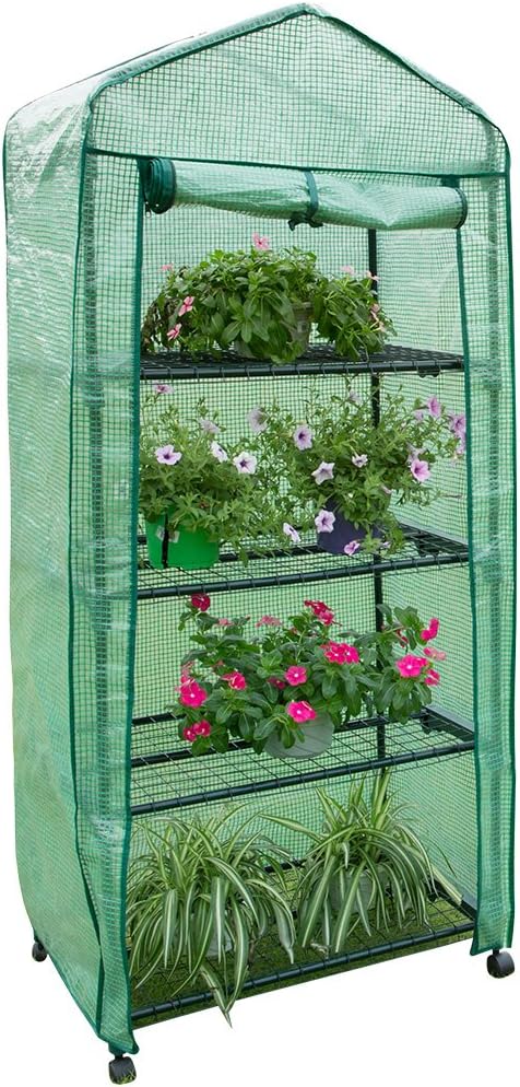 Finether Garden Greenhouse: 4-Tier Mini Greenhouse Plastic Greenhouse Cover Grow Tent with 4 Casters(2 Lockable) and Clear Cover for Indoor Outdoor Herb Flower Courtyard Balcony