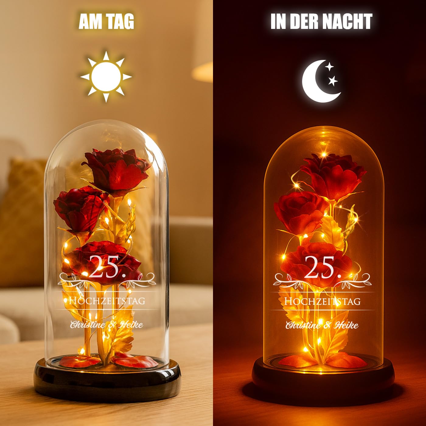 Maverton ewige Rose mit Licht personalisiert - Infinity Rose in Glaskuppel - Hochzeitsgeschenke für Brautpaar - personalisierte Geschenke zum Hochzeitstag zur Hochzeit - Pärchen Geschenke