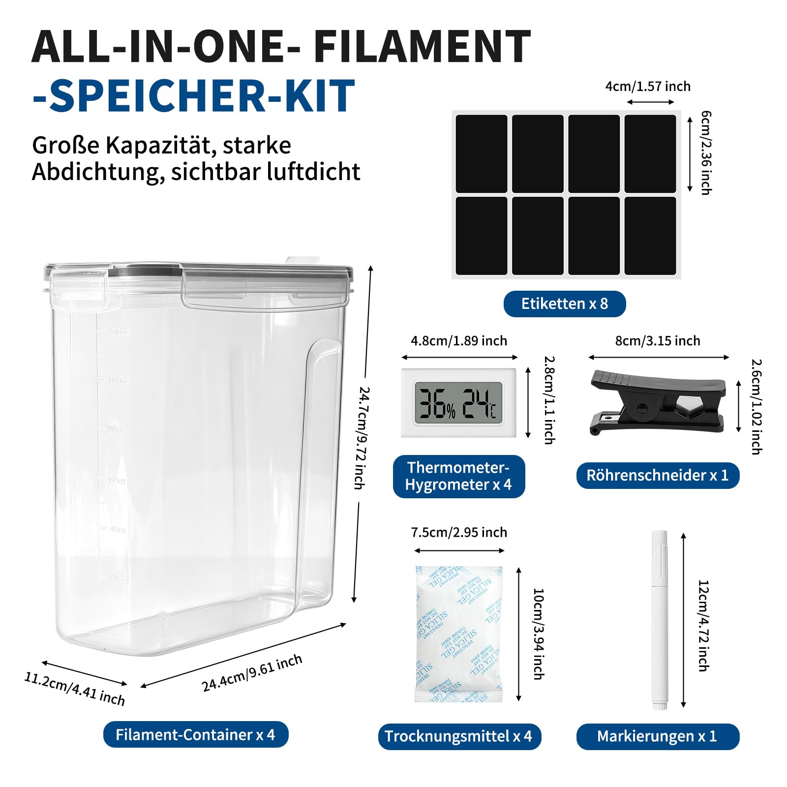 4 Stück Filament Aufbewahrungsbox, Filament Container für 3D Druck Filament Versiegelung und Schutz, Tragbare Aufbewahrung mit 4 Hygrometer, Rohrabschneider, Trockenmittel & Etiketten 4,0L