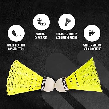 Raquex Badminton Shuttlecocks - Yellow/White, Tube of 6 - All Natural Cork Shuttlecocks, Nylon Feathers - Three Speed Options – Indoor Outdoor Durable Badminton Shuttles
