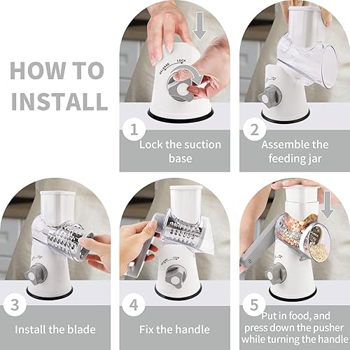 Miniatura 6 de Rallador de queso giratorio, triturador manual de queso con 3 cuchillas intercambiables, rallador de queso con manivela de mano con base de succión