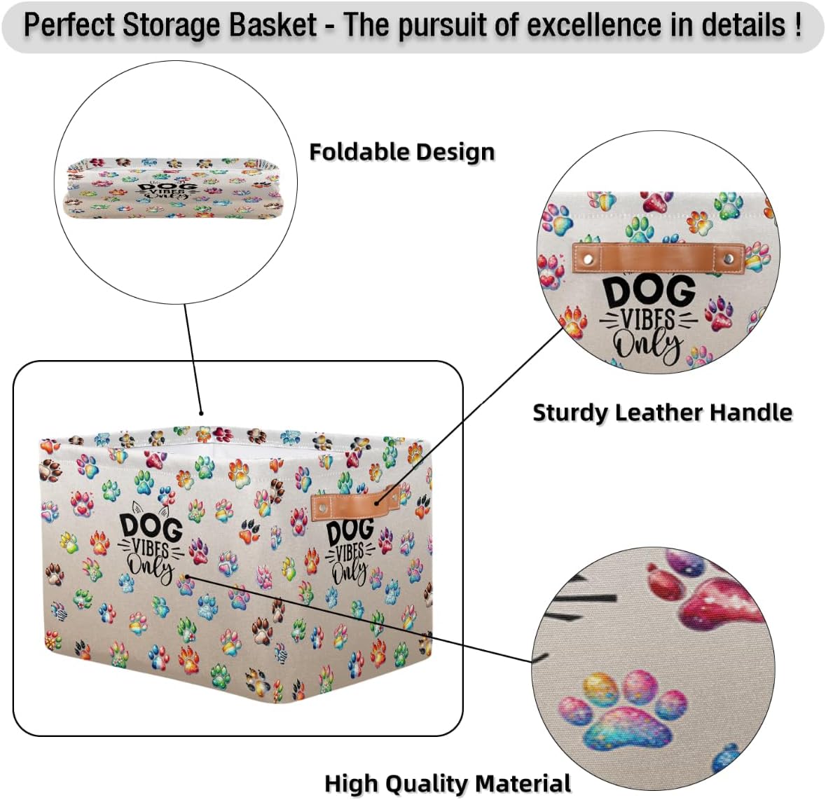Small Storage Basket With Handles Kids Toy Pretty Paw Animals Storage Bins Collapsible Fabric Cube Storage Organizer Hamper for Nursery Living Room Bedroom Shelves Clothes Toy Box Gifts