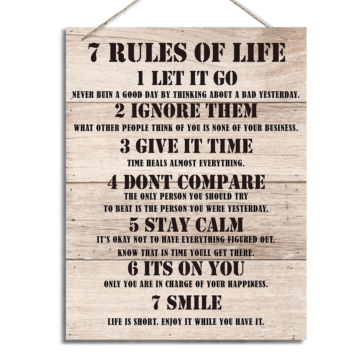 7 Rules of Life Sign, Inspirational Wood Sign, Decorative Hanging Wood Plaque for Wall, Positive Home Decor, Rustic Door Sign, Wall Sign for Home Office Classroom Decor, Farmhouse Decor