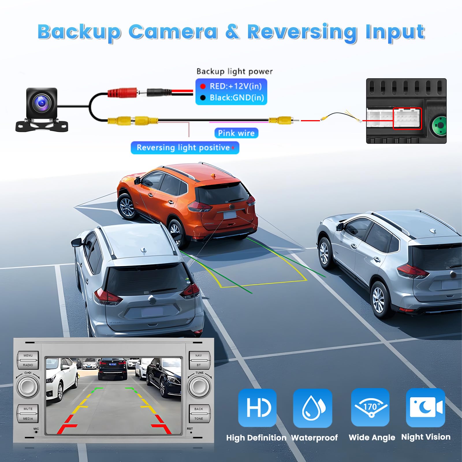2G 64G Radio Coche Inalámbrica Carplay para Ford Fiesta Focus Transit Mondeo C-MAX S-MAX 7'' 2 DIN Android13 Pantalla Radio con GPS Android Auto Bluetooth WiFi RDS FM Mic Cámara Trasera (Blanco)
