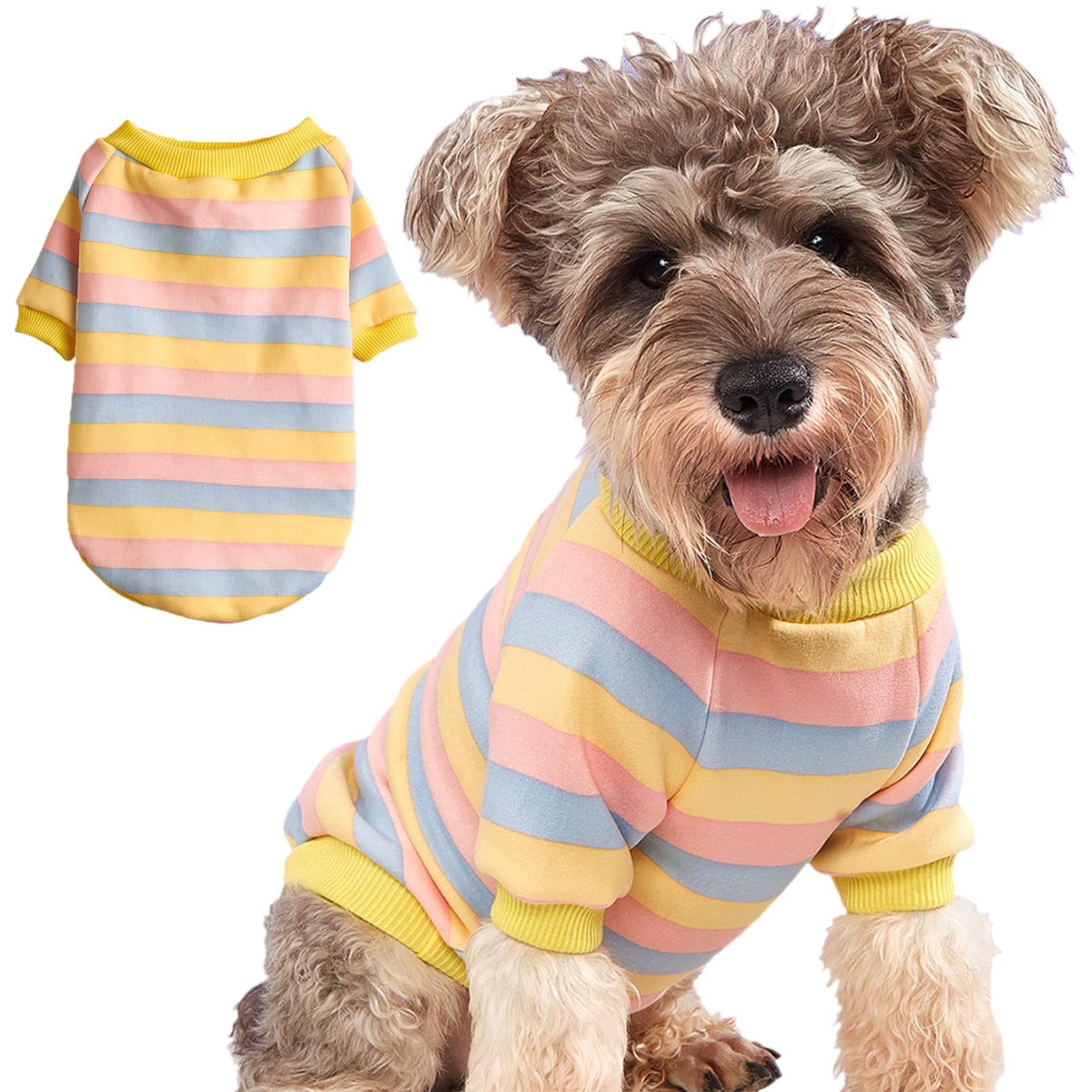 JOUHOIStriped Dog Sweater for Small Dogs Winter Sweatshirt Warm Pet Puppy Clothes Doggie Cat Clothing, Pink Yellow, Large (DST-01)