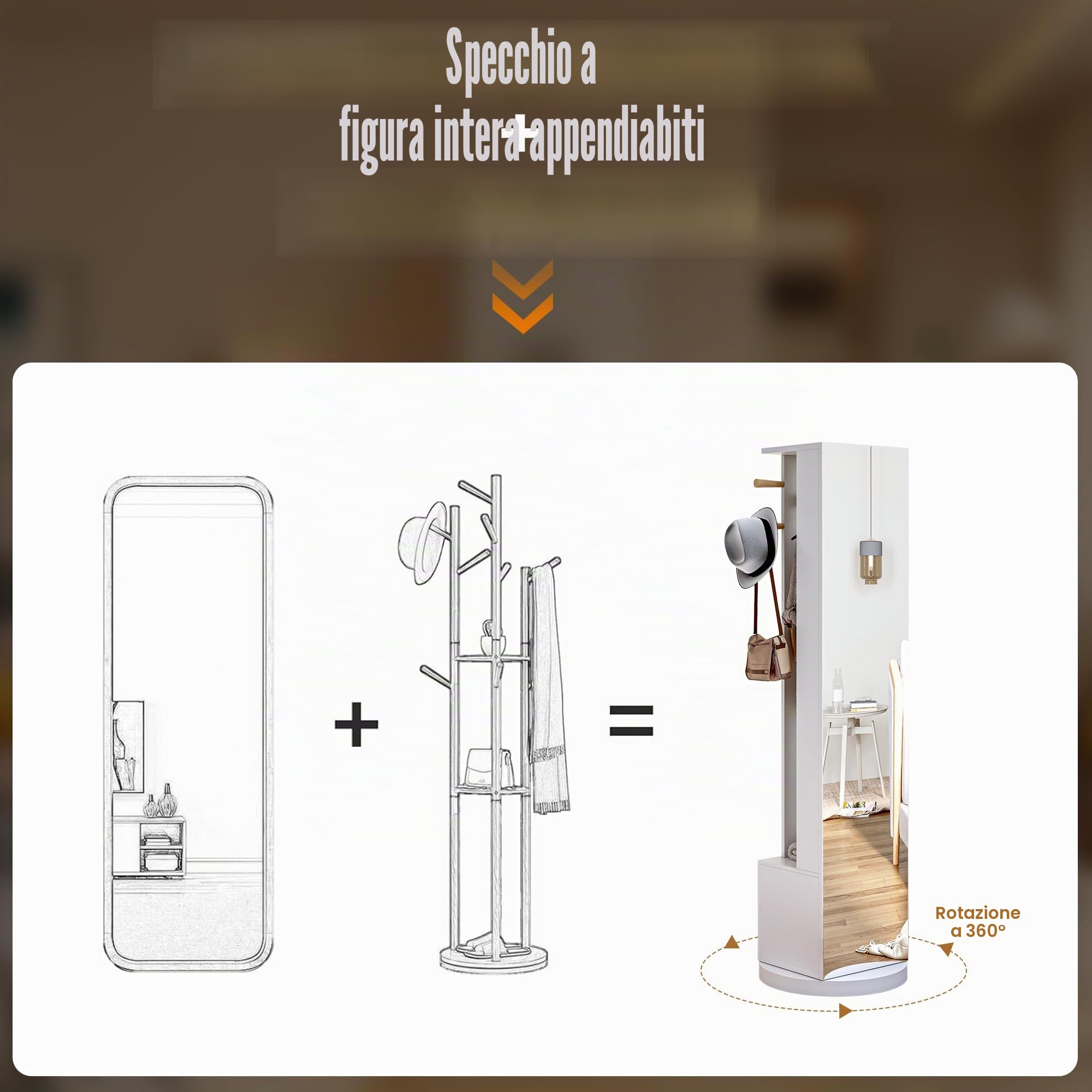 Specchio da pavimento, armadio con specchio 3 in 1 e guardaroba, con specchio girevole a 360, con 2 cassetti e 4 ganci, specchio per spogliatoio con vano portaoggetti (bianco)