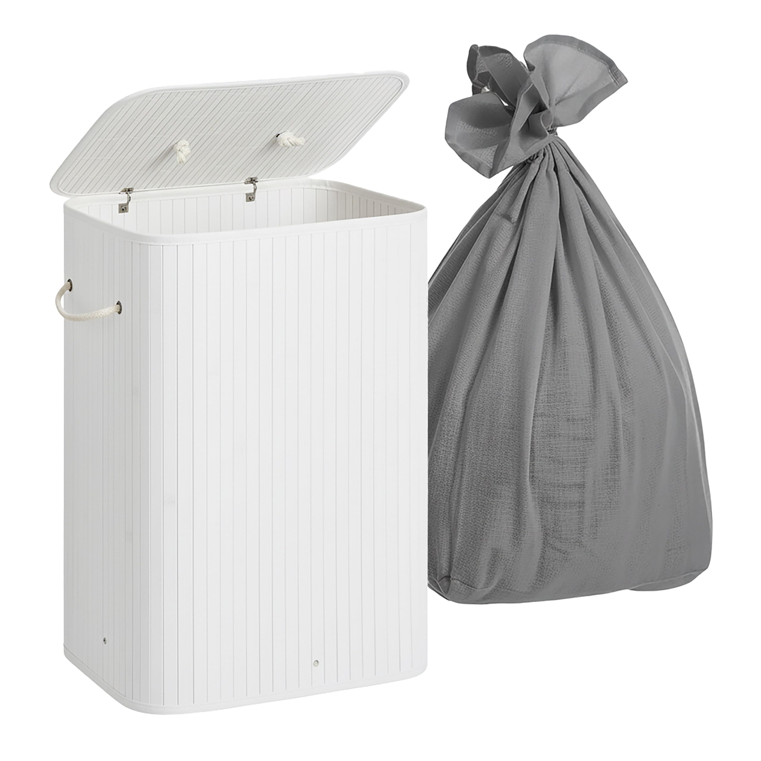 Relaxdays Cesta para Ropa con Tapa y 2 Compartimentos en bambú, Plegable, 105 L, 63×52×32 cm, Blanco