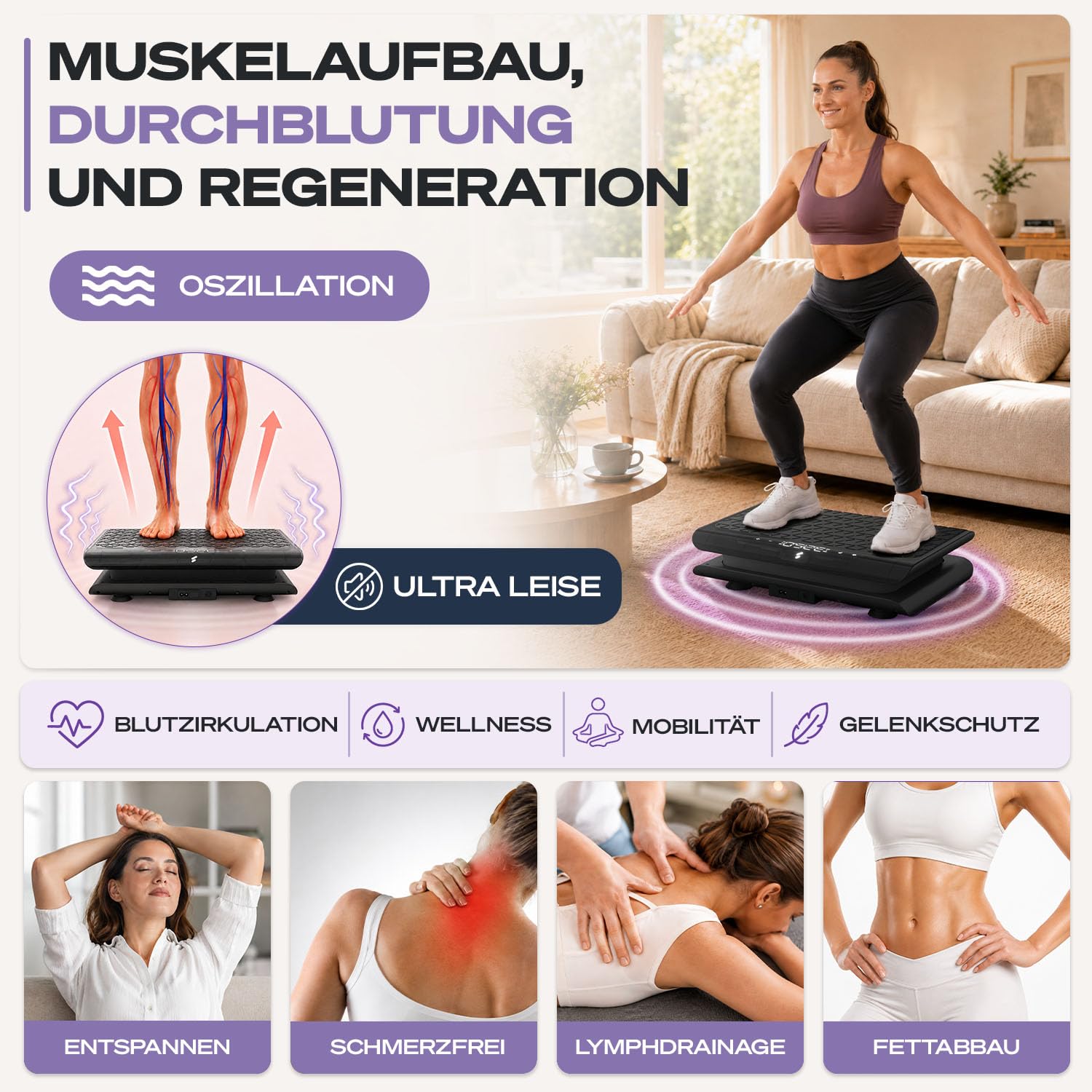 Sportstech Vibrationsplatte für Zuhause | Abnehmen, Fettverbrennung & Muskelaufbau | Oszillation, 99 Intensitätsstufen, Bluetooth-Fernbedienung | leiser Motor bis 120 kg | Trainingsbänder | sVibe Lite
