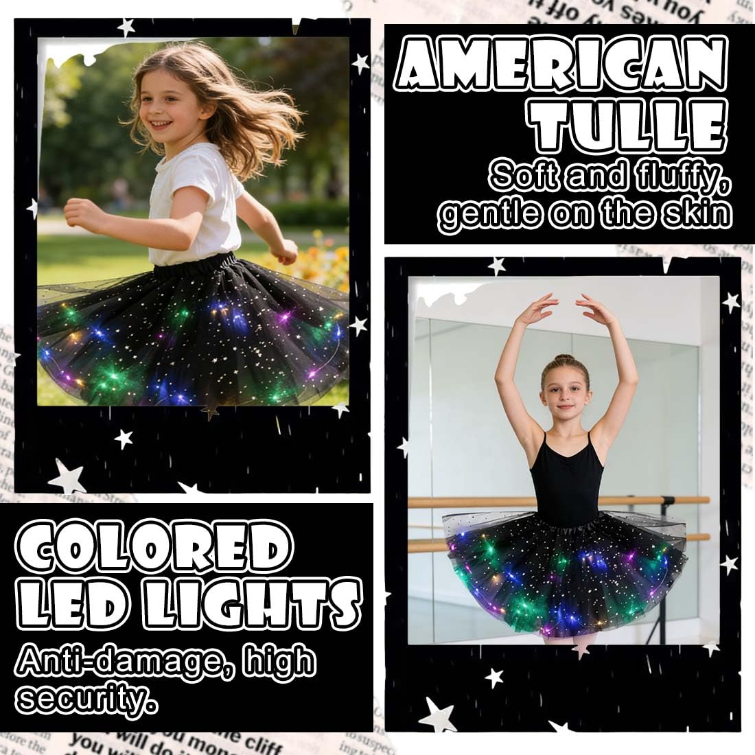 1 Pièce Jupe en Tulle pour Femmes, Robe Danse à Paillettes étoilées, Mini-Ju pe Extensible avec Lumières LED, J upe Tutu pour Adultes, Robe de Danse pour Adolescentes Carnaval Ballet
