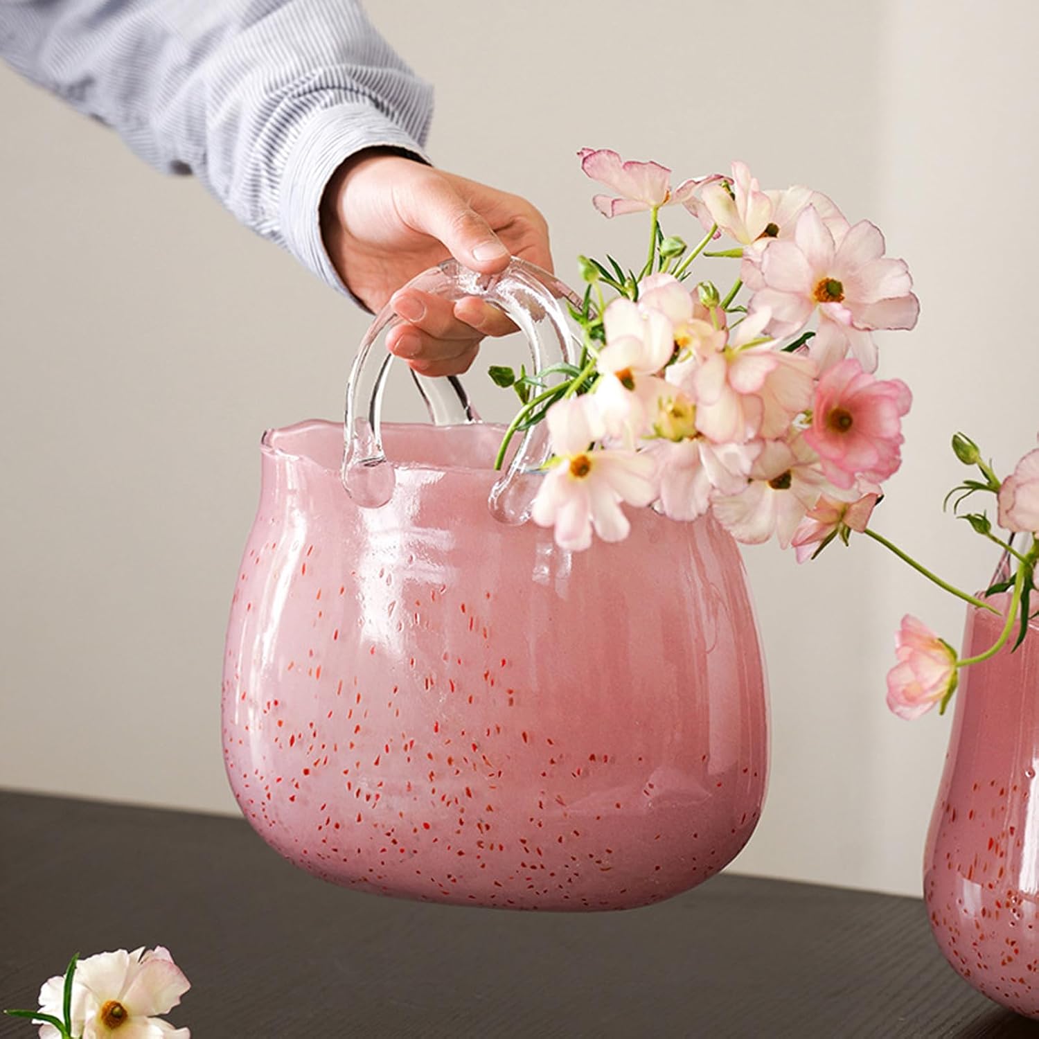 Creative Tote Bag Glass Vases for Flowers, Pink Handbag Shape Glass Flower Vase with Handle, Unique Purse Vase for Centerpieces, Fish Bowl, Home Décor, Living Room, Wedding Gift,Pink b