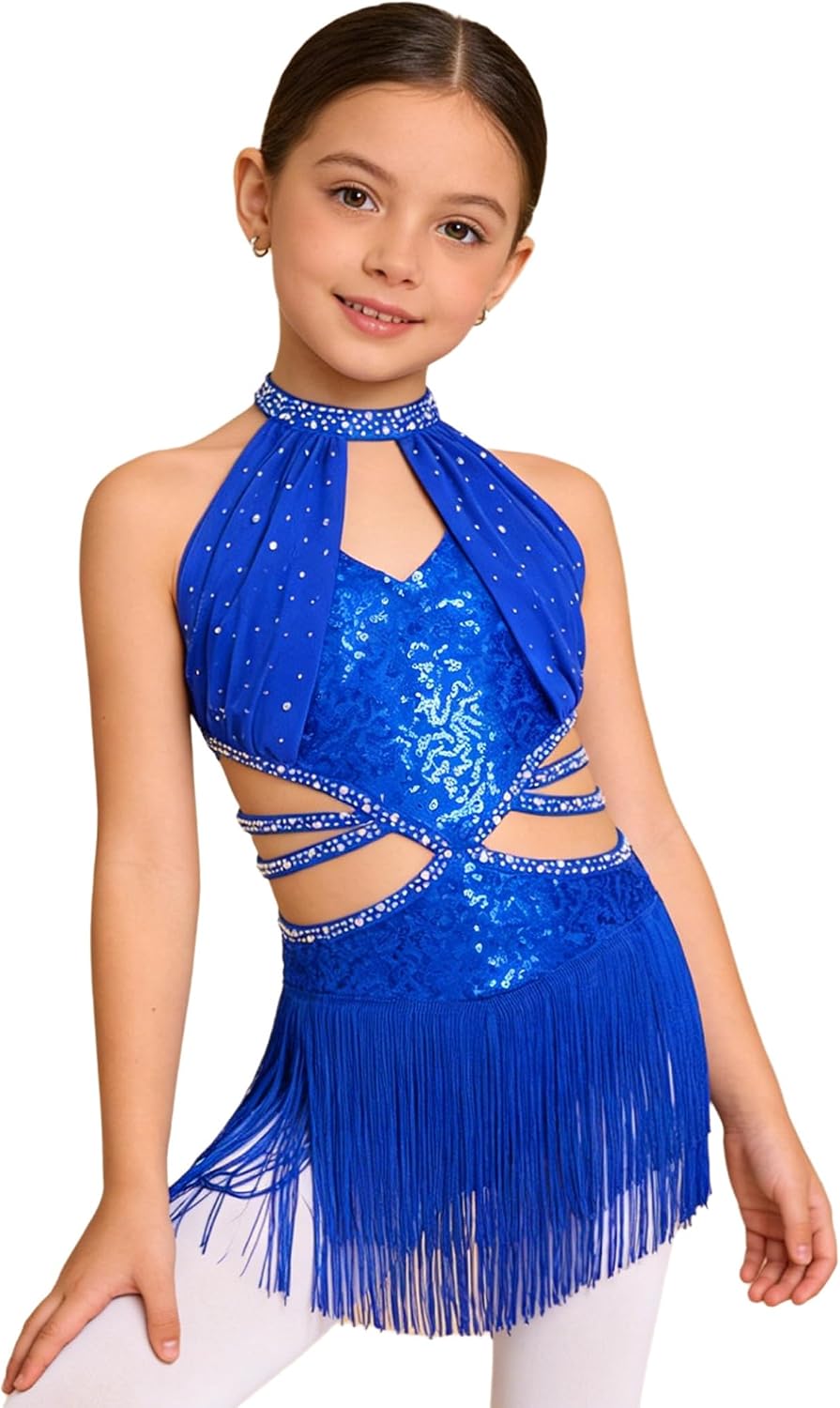Jhaoyu Girls Sleeveless Tassels Latin Dance Dress Sequins Jazz Dance Dress Glitter Cha Cha Samba Ballroom Dancewear