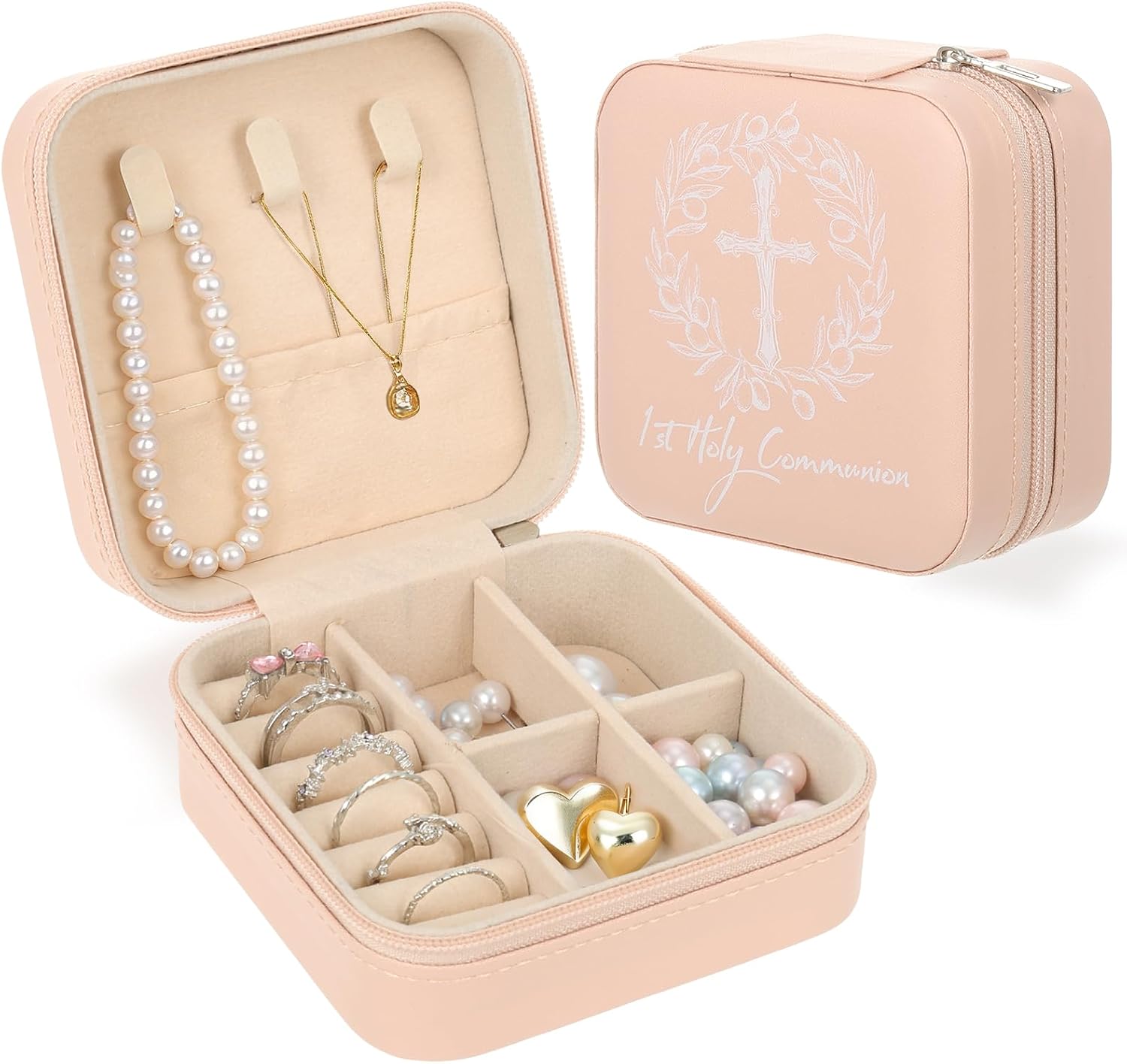 Holy Communion Travel Jewelry Box, First Communion Gifts Jewelry Case for Women, Religious 1st Holy Communion Baptism Gift Small Square Container with Zipper for Rings Earrings Necklaces, Pink (1)