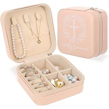 Holy Communion Travel Jewelry Box, First Communion Gifts Jewelry Case for Women, Religious 1st Holy Communion Baptism Gift Small Square Container with Zipper for Rings Earrings Necklaces, Pink 1