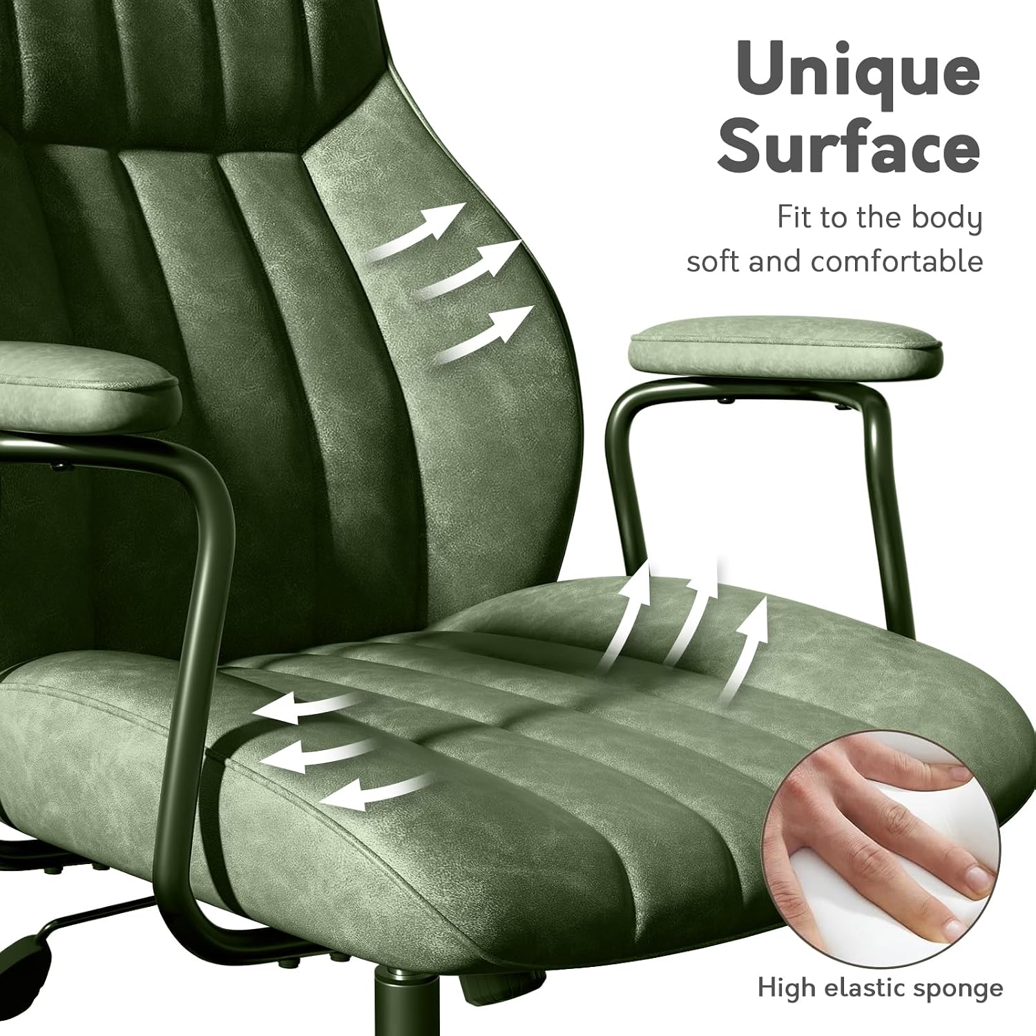 Green Leather Office Desk Chair with Wheels and Arms, Height Adjustable, Vintage, Mid Century Modern Style