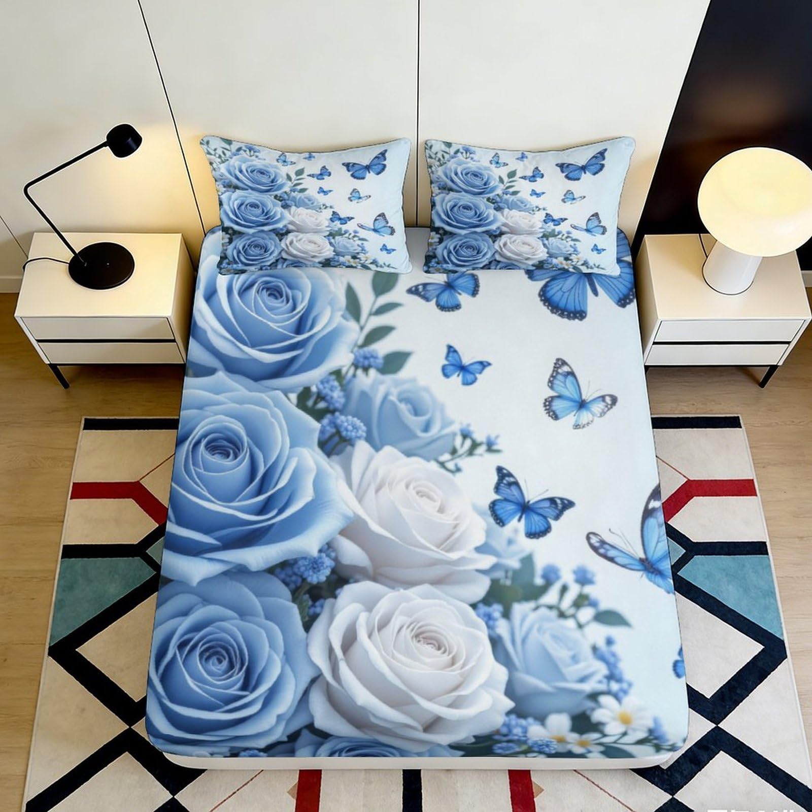 3D Printed blue rose butterfly Fitted Sheet, Microfiber soft touch, wrinkle resistant, bedroom decor, guest room bedding, anti-slip, easy care, stylish home accent 200x200x25cm