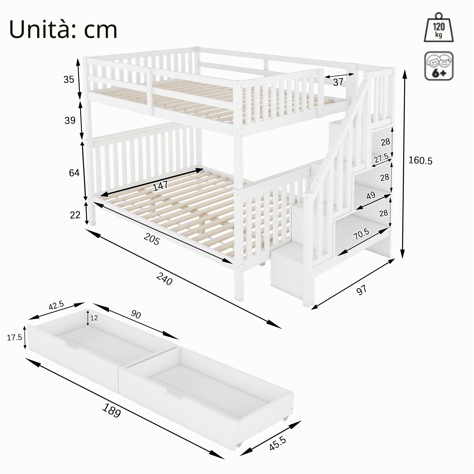 Rtopsu Letto a Castello 140x200 cm, Letto per Bambini con Scale e 2 Cassetti Contenitore, Letti Ragazzi con Protezione Anticaduta e Ripiano Portaoggetti, Letti con Rete a Doghe, Bianco Senza Materasso