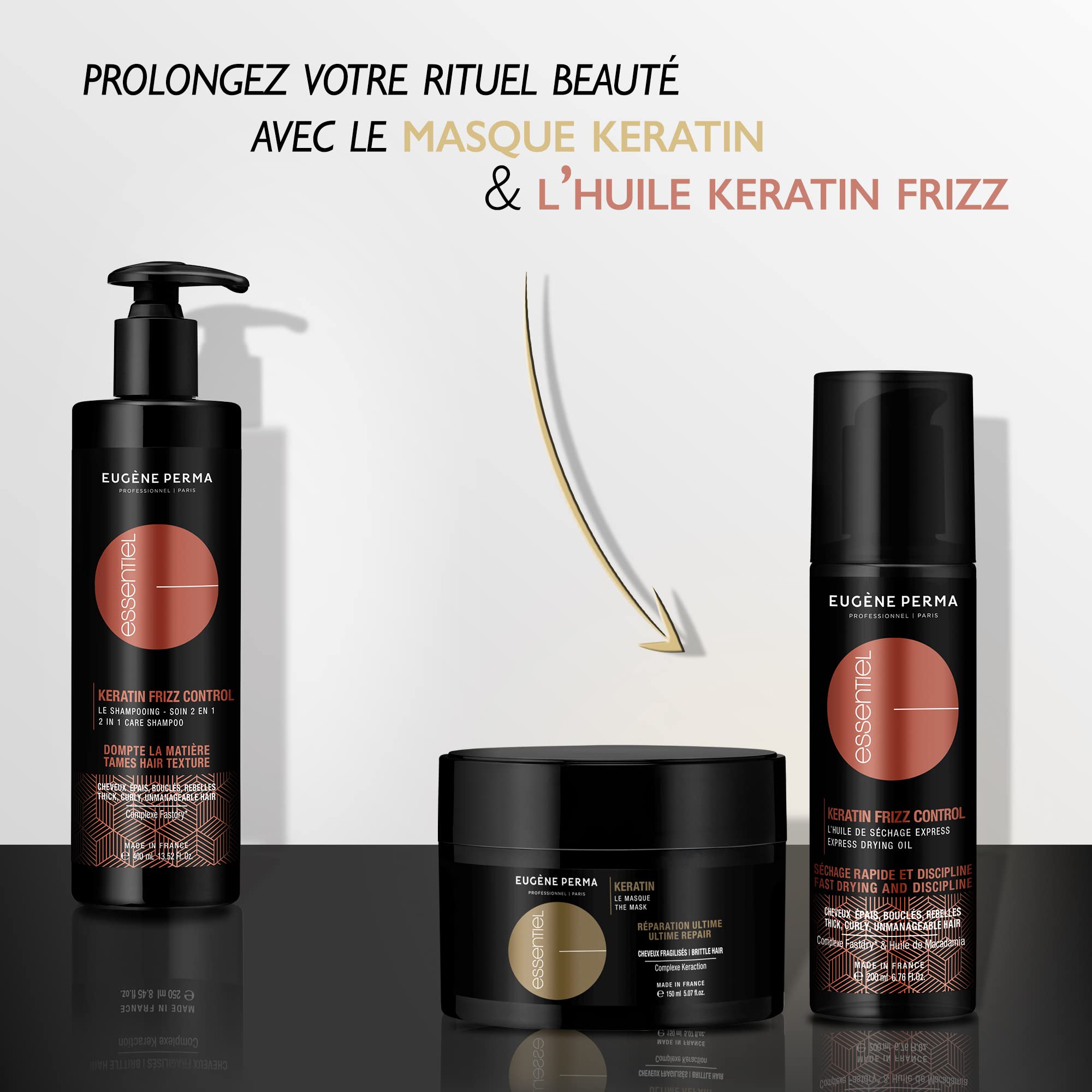 EUGENE PERMA Professionnel Shampoo Cura 2en1 Cheratina Frizz Control Anticrespo Per Capelli Epais/ricci/ribelli, 400 Millilitro