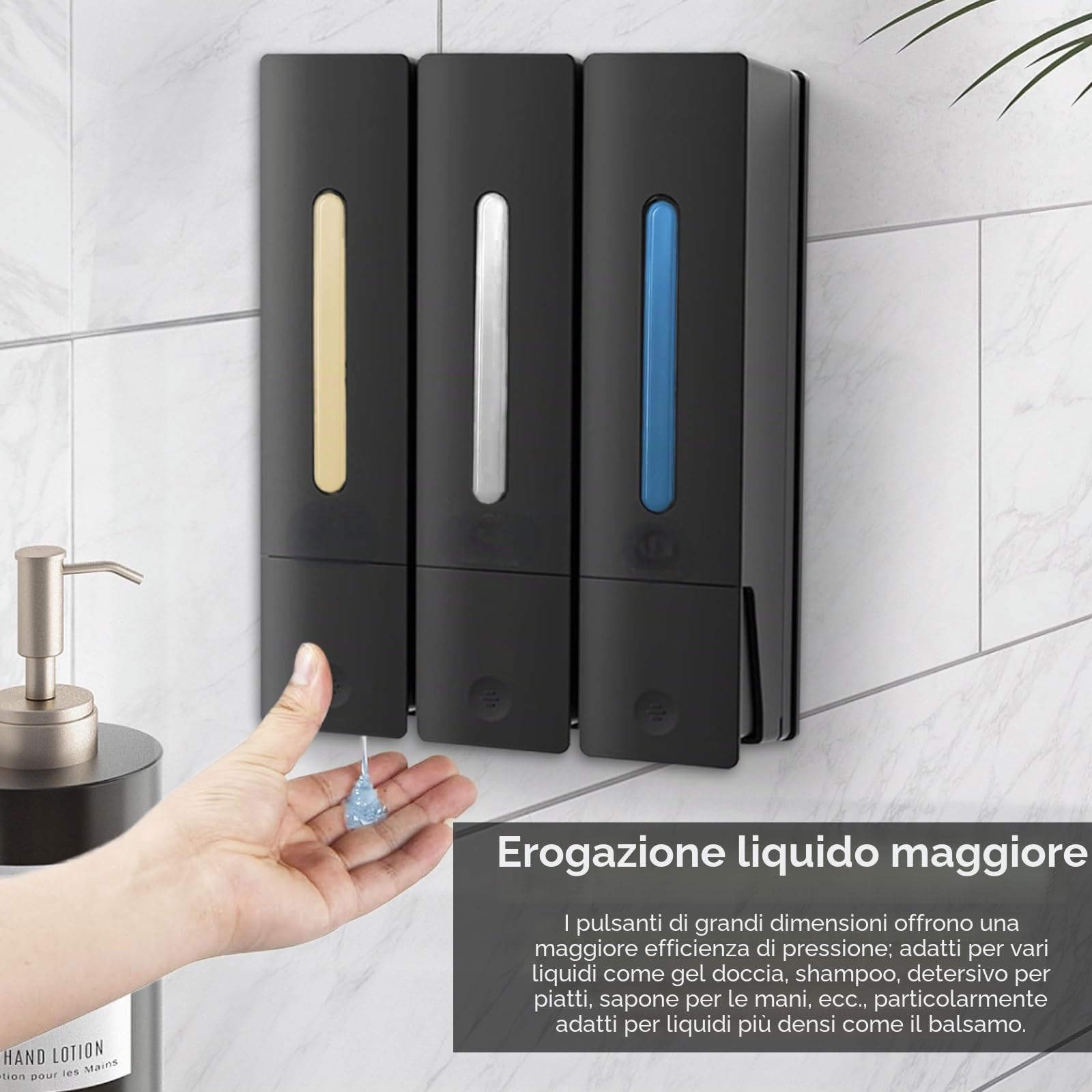 Dispenser Di Sapone, 3 Scomparti Dispenser Di Sapone Per Doccia Dispenser Di Shampoo Di Detersivo Per Piatti Montaggio A Parete Senza Fori Grande Capacità Per Cucina Bagno Hotel - 400ML*3