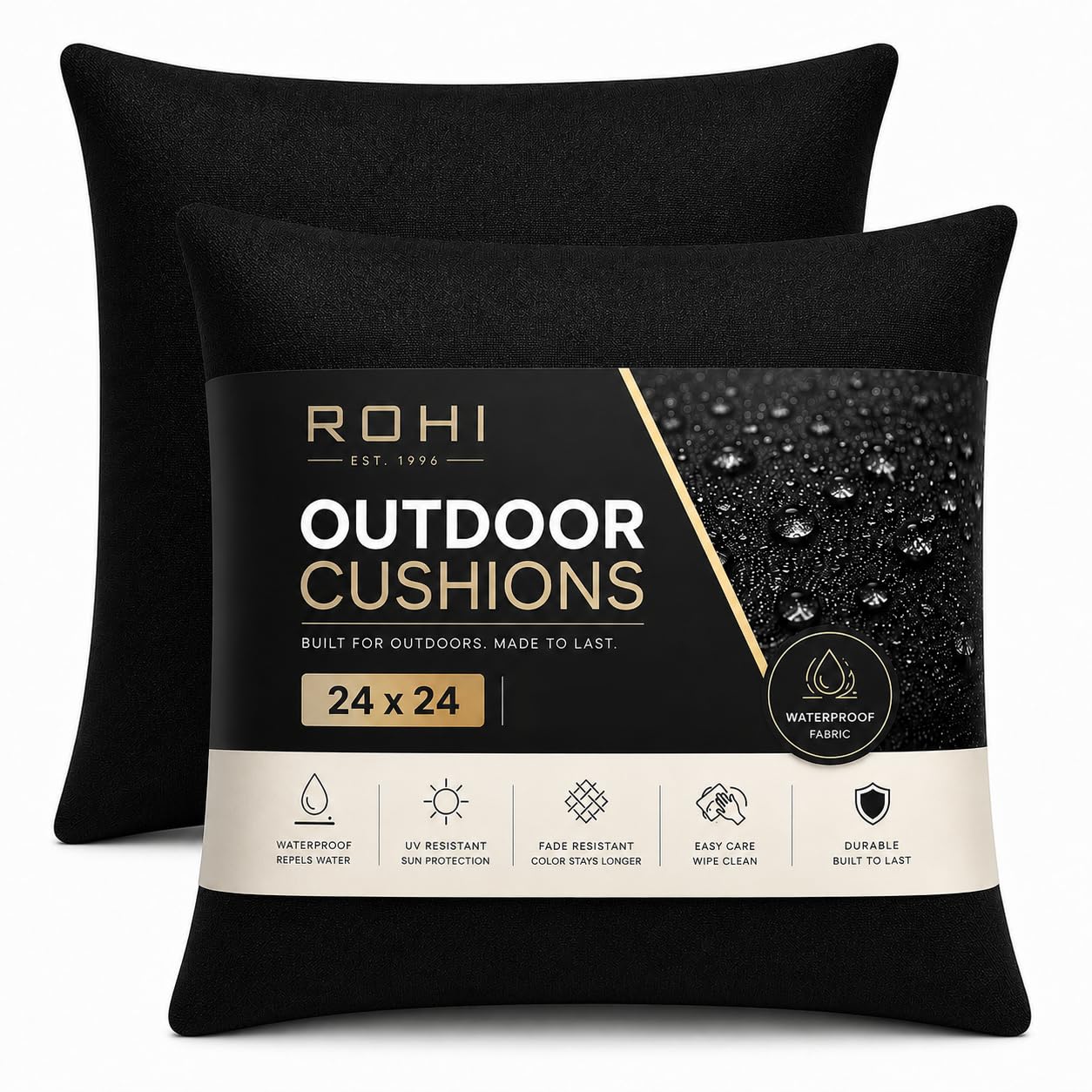 Rohi Waterproof Outdoor Cushions 2 Pack Filled – Decorative Waterproof Cushions for Garden, Patio, Couch, Tent, Balcony and Sofa (Black, 24" x 24") — image 1