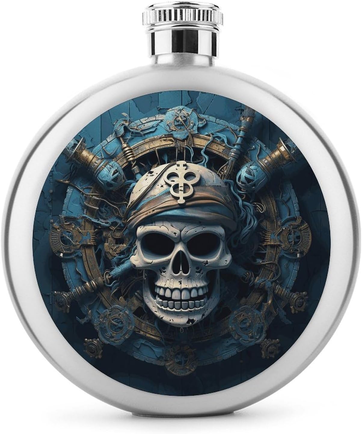 Skeleton Pirate Hip Flask 5 Oz Round Stainless Steel Mirror Polished Wine Pot Portable Pocket Wine Whiskey Flask Small Drinking Flasks Drinkware for Men Women