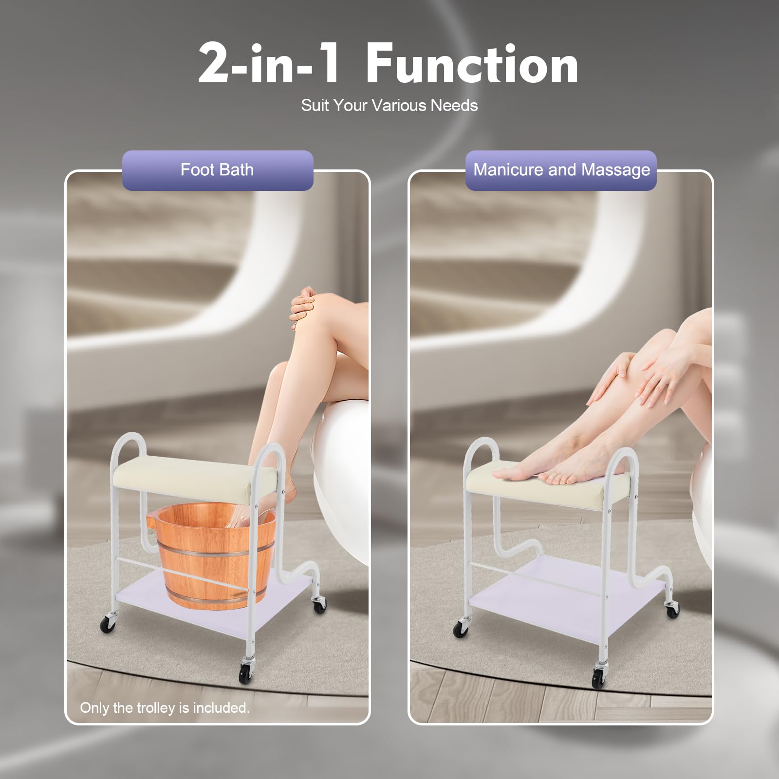 RustyVioum Beauty Salon Nail Foot Bath Spa Portable Trolley Cart White Floor Standing Manicure Foot Rest with 4 Universal Wheels Trolley for Foot Bath Salon Supplies