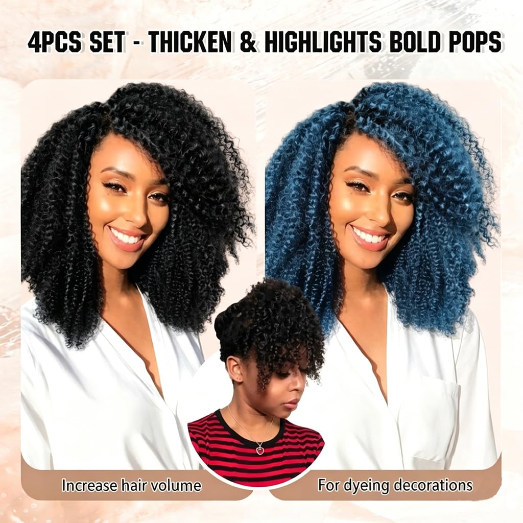 4Pcs Colored Afro Kinky Curly Clip in Hair Extensions Real Human Hair, 12 Inch 60g Light Blue, Lace Invisible Seamless & Thicken, 4B 4C Remy Clip Ins for Black Women