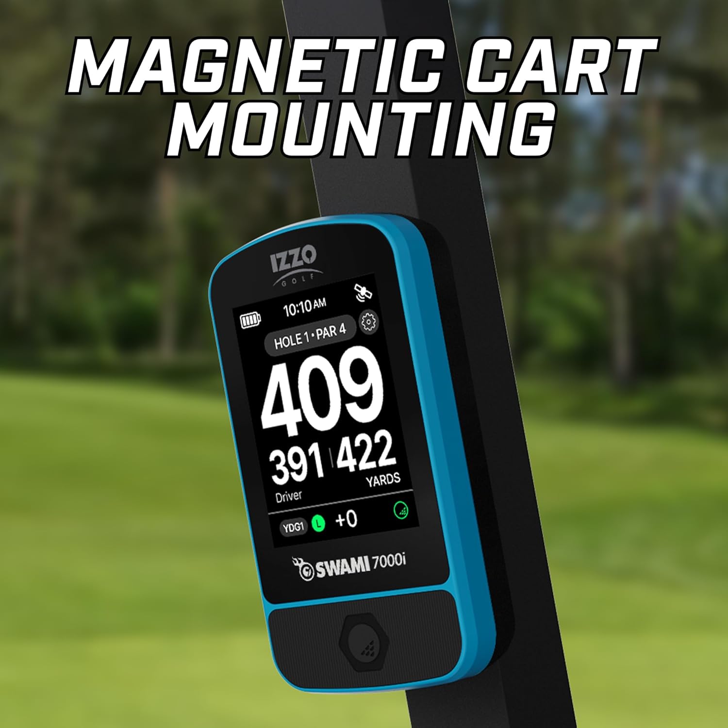 Izzo Swami 7000i Golf GPS Rangefinder magnetically mounted to a golf cart frame.