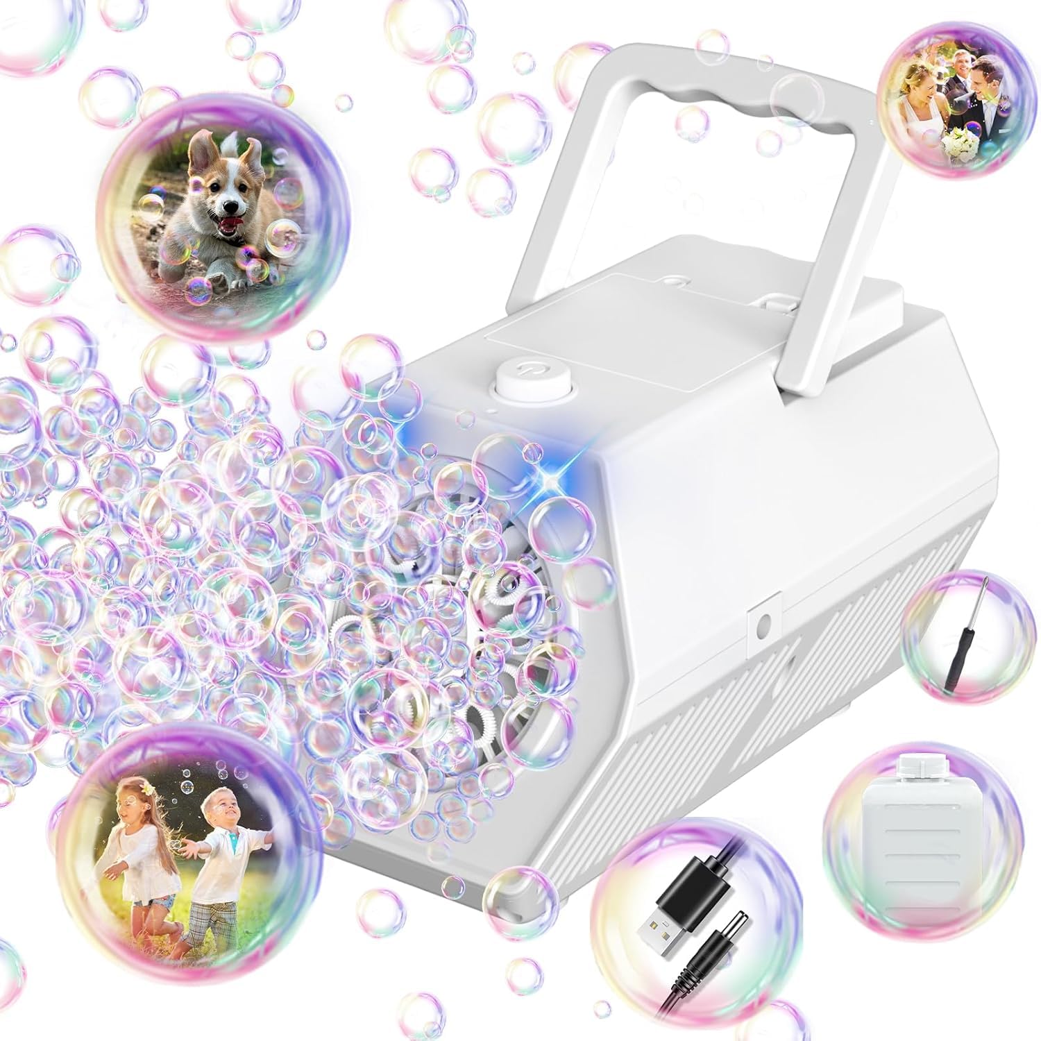 Machine à Bulles Portable De Mise à Niveau 20000 + Bulles/Min avec Solution à Bulles/LumièRe, Machine à Bulles pour Enfants,Cadeau D'extéRieur pour Mariage/Fête