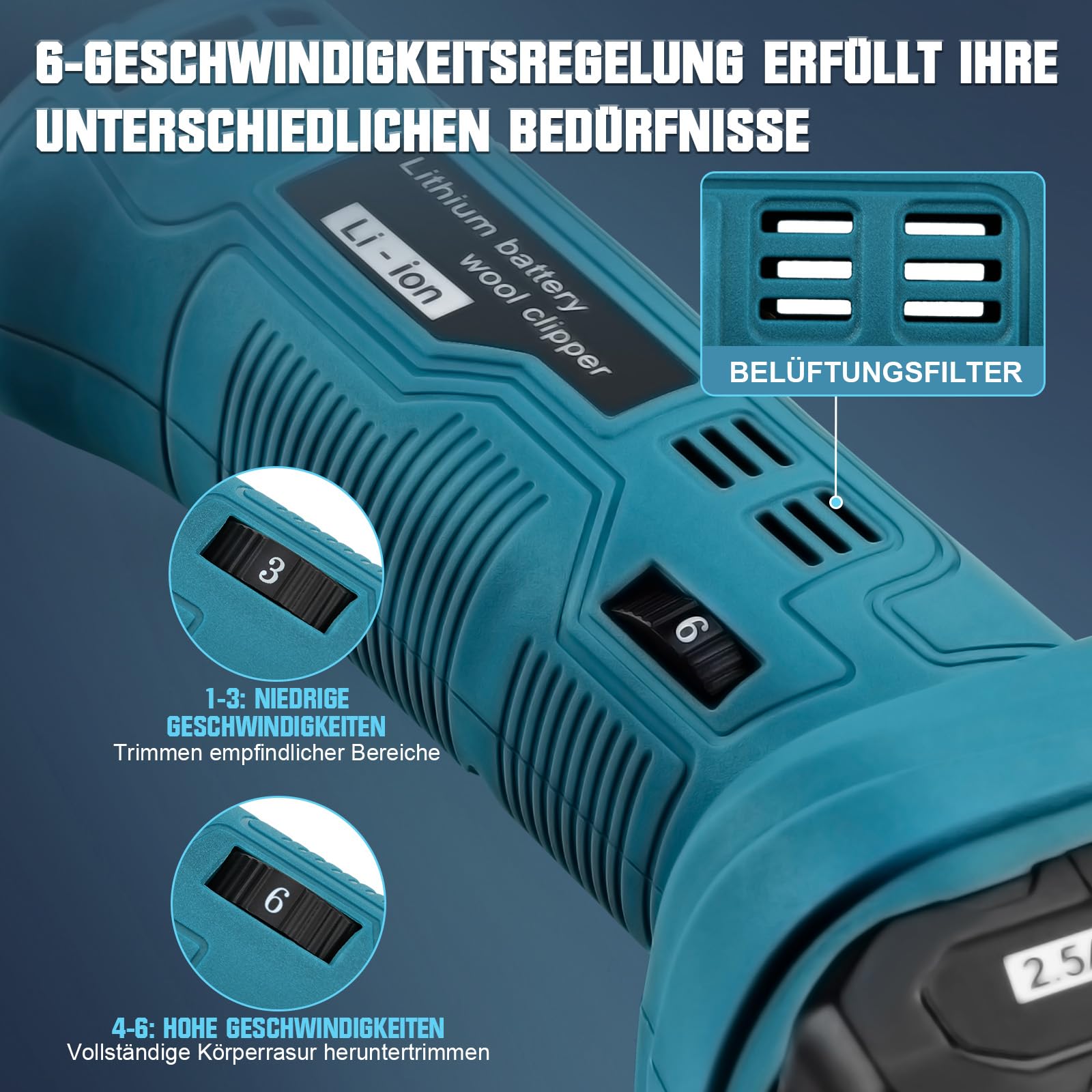 Schermaschine Pferde Akku, 500W Kabelloses Pferdeschermaschine Mit 2x2500mAh Akkus, 6 Geschwindigkeiten Professionelle Schermaschine für Pferde Dickes & Verfilztes Haar Kompatibel mit Makita 18V Akku