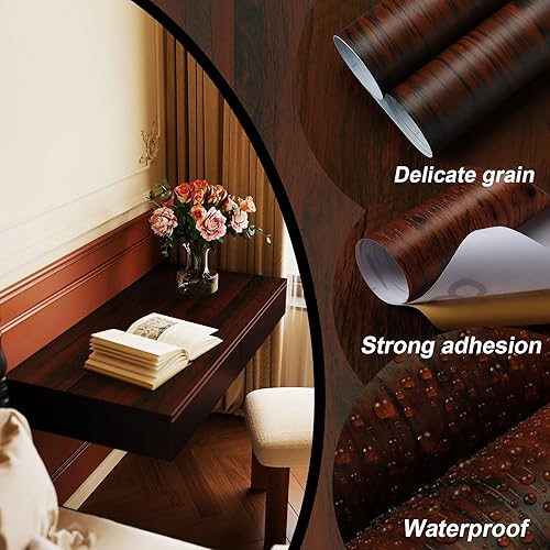 Miniatura 2 de Dimoon Papel tapiz de madera para despegar y pegar, papel de contacto para encimera, color rojo y marrón, papel tapiz de madera para armarios y