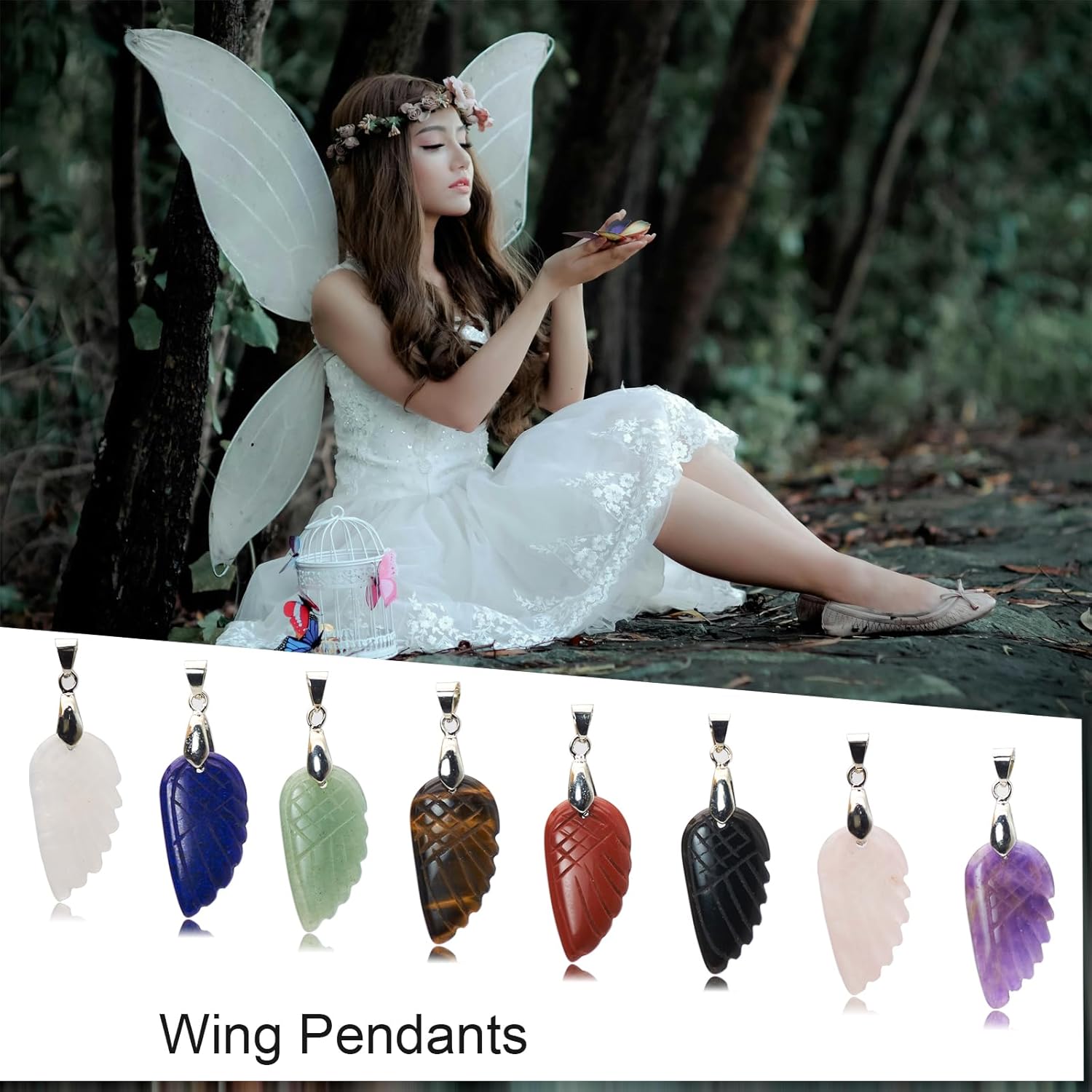 9 Pieces Natural Stone Angel Wing Pendant, Healing Crystal Charms for DIY Jewelry Making Necklaces, Bracelets, Earrings - Image 6