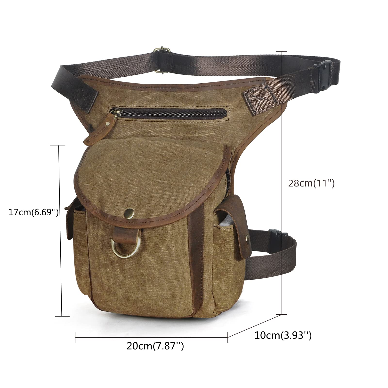 Le'aokuu Men Canvas and Genuine Leather Messenger Waterproof Shoulder Bag Motorcycle Tactic Fanny Belt Waist Bag Pack Pouch Drop Leg Bag 9938(Brown) - Image 2