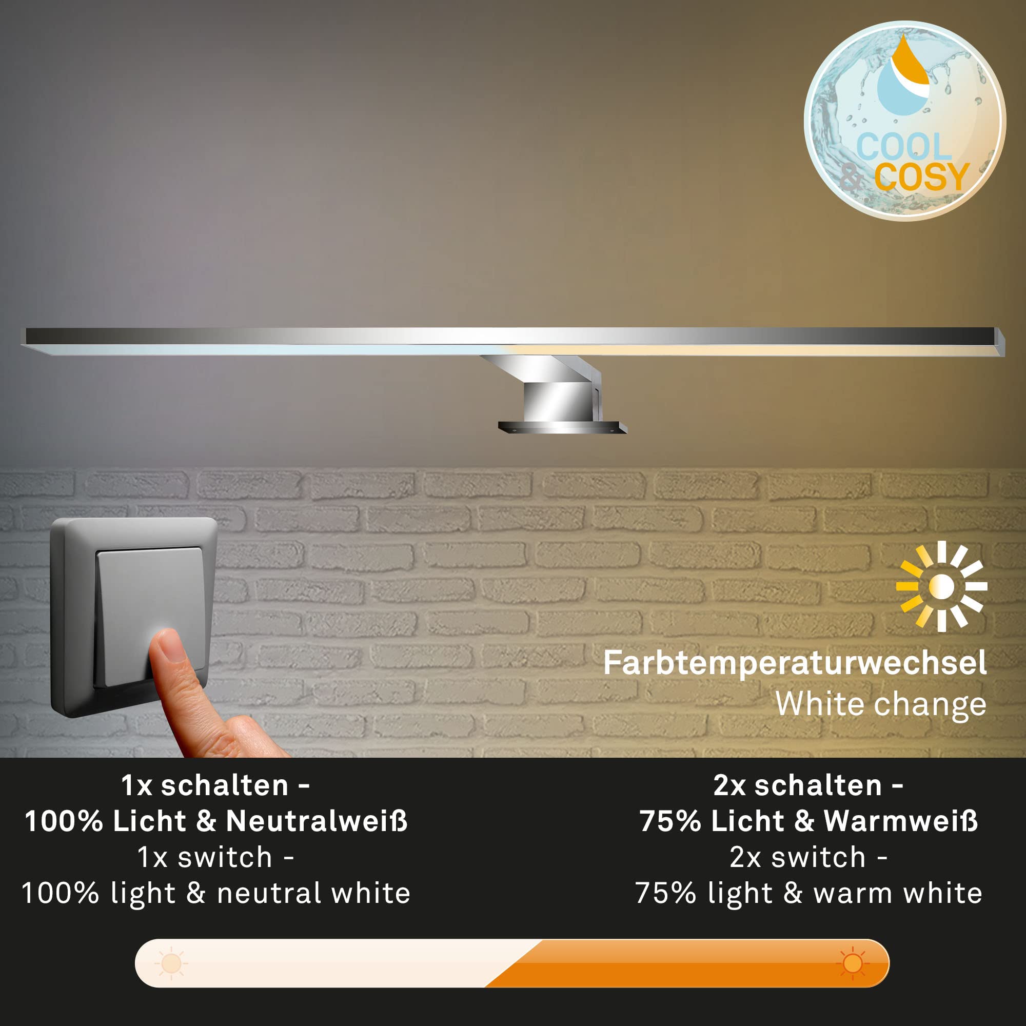 BRILONER Leuchten - Wandleuchte, LED Spiegelleuchte, Farbtemperatursteuerung, Dimmbar, Memory-Funktion, IP44, 8W, 720 Lumen, Chrom, 8 W, Länge: 60cm, 2299-018