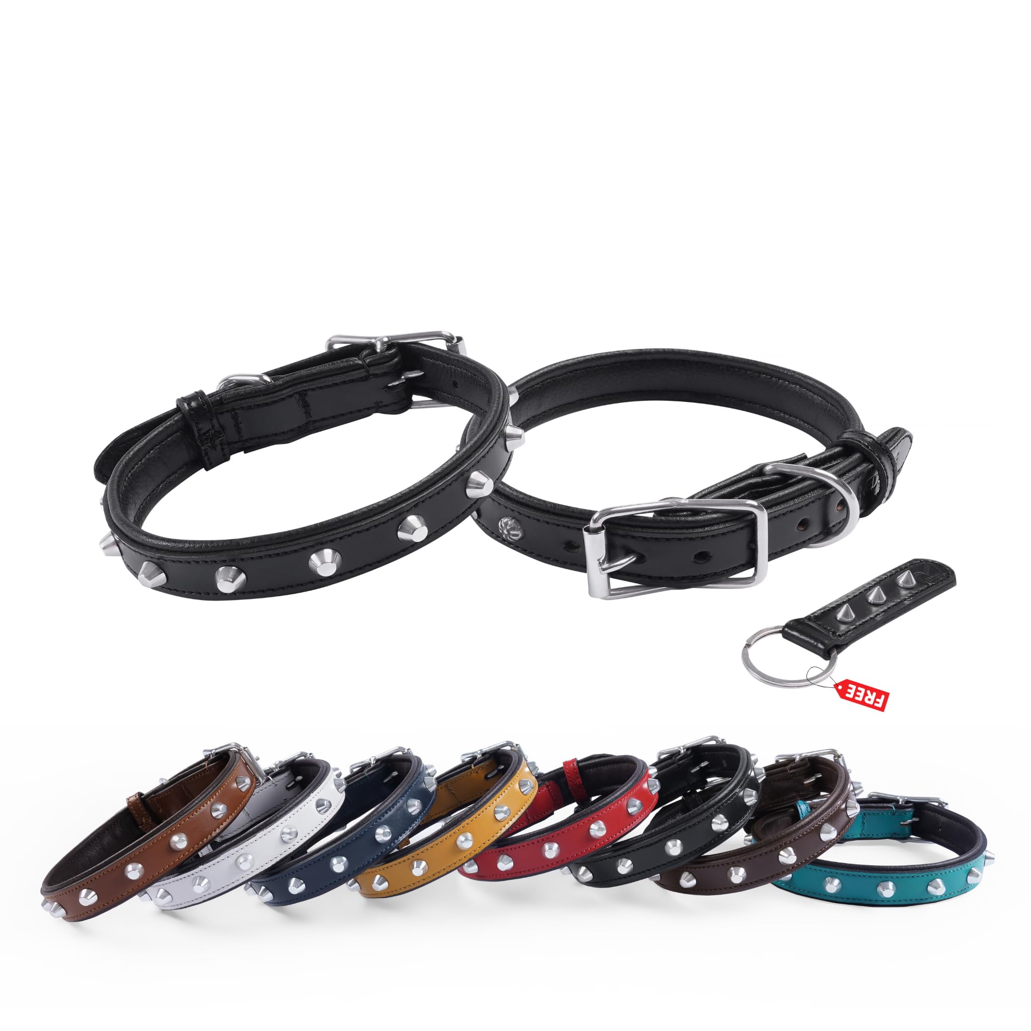 REDLUXE Genuine Leather Studded Dog Collar, Soft Padded Adjustable Pet Collar with Heavy Duty Buckle & D-Ring, Luxury Leather Collar for S, M & L Dogs, Includes Free Matching Keyring (BLACK, M)