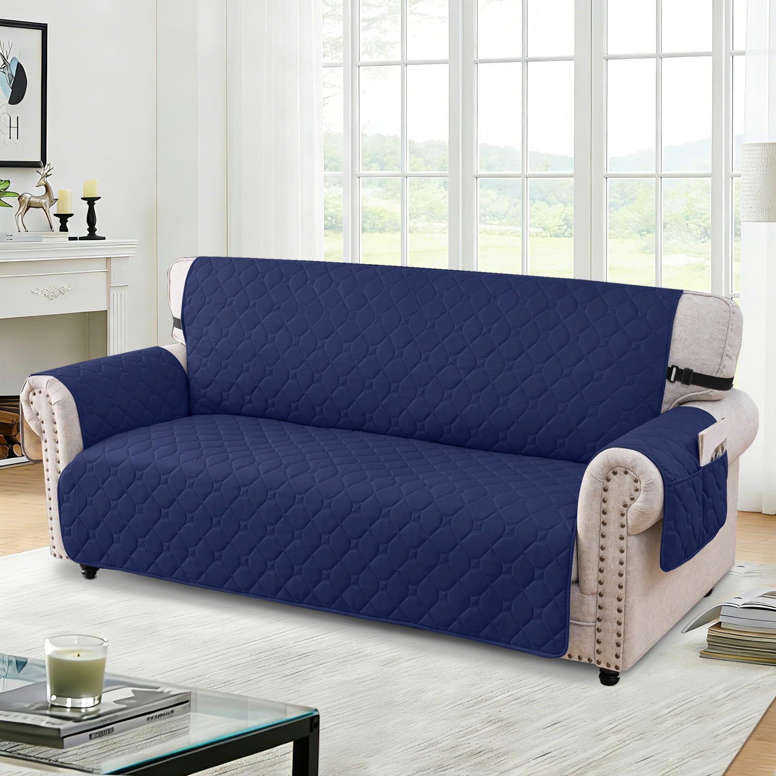 Ystyle Impermeable Funda Sofa 3 Plazas, Fundas para Sofa Antideslizante, Extraíbles, con Bolsillos Lateral, Anti Gatos Arañazo Y Perros Mascotas, Antimanchas Lavables, Azul Marino