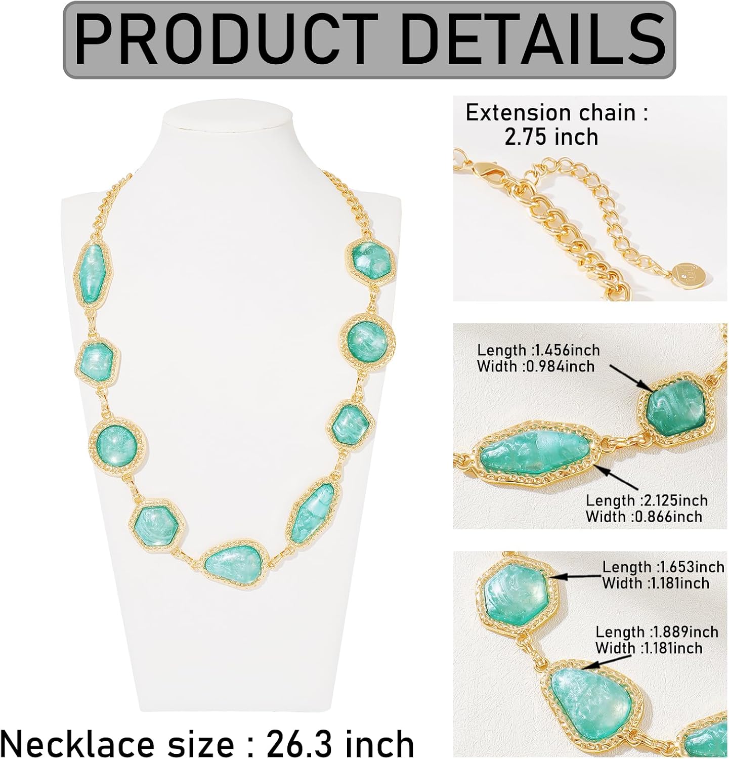 Firstmeet Big Block Resin Alloy Necklace - Sparkling Geometric Statement Collar for Women