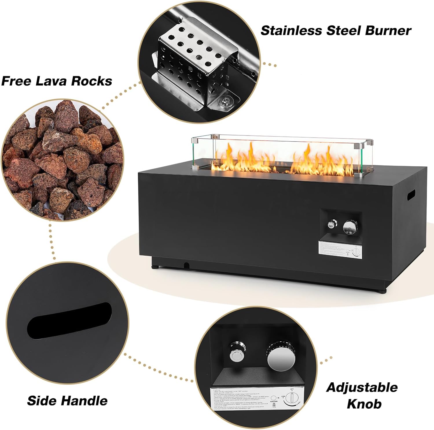 42'' Outdoor Propane Fire Pit Table, 50,000 BTU Rectanle Natural Gas Fire Pits with Tank Cover Wind Guard, No Assembly Low Profile Fire Table for Outside Patio & Backyard, Black