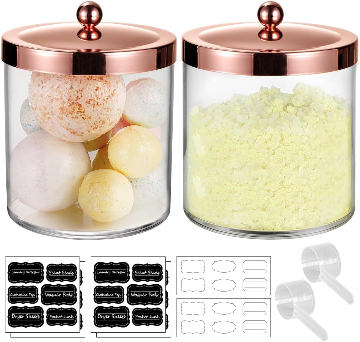 2 Pack SheeChung 50oz Large Apothecary Jar with Rose Gold Rust-Proof Lid - Shatterproof Plastic Laundry Pods Container - Chic Rose Gold Bathroom & Vanity Storage Organizer for Scent Beads, Salts
