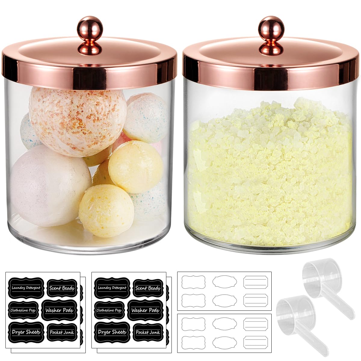 SheeChung 2 Pack 50 Oz Large Apothecary Jar for Bathroom, Premium Plastic Storage Jar with Spoon and Labels Laundry Vanity Kitchen Canister Jar for Bath Bomb, Cotton Ball, Laundry Pods(Rose gold)