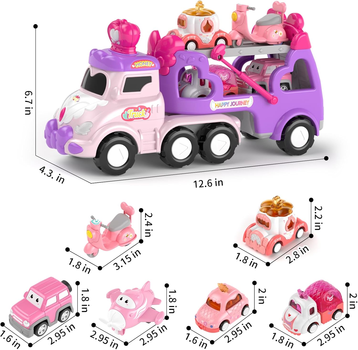 Cars Toys for 2 + 3 + Year Old Girl, 7-in-1 Princess Transport Carrier Trucks for Toddlers Girl 2-4, Friction Power Toy Cars with Lights & Music, Birthday Gift for Girls Age 2 3.